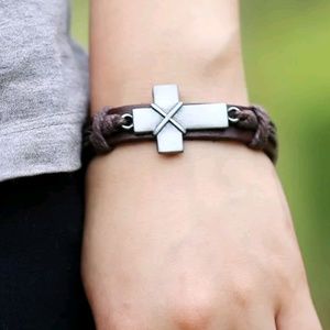 Adjustable Silver Cross Brown Leather Bracelet